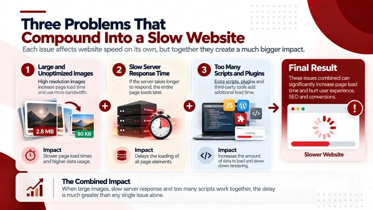 The three compounding problems that cause slow website speed: unoptimized images, missing lazy loading, and slow hosting