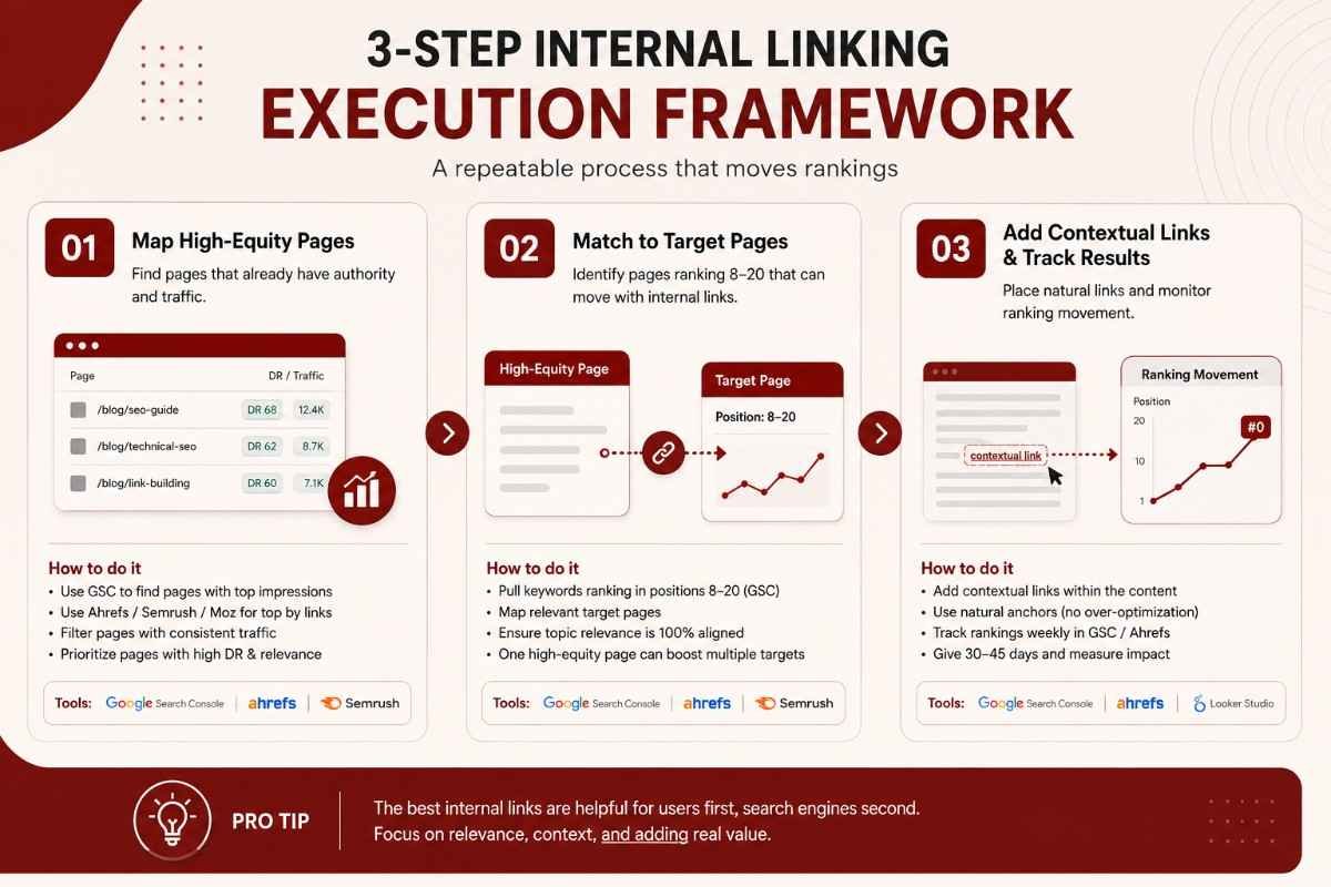 3-step internal linking framework: audit, match equity to targets, add contextual links