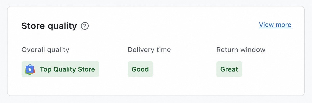 Google Merchant Center store quality panel showing Top Quality Store status, good delivery time rating, and great return window rating