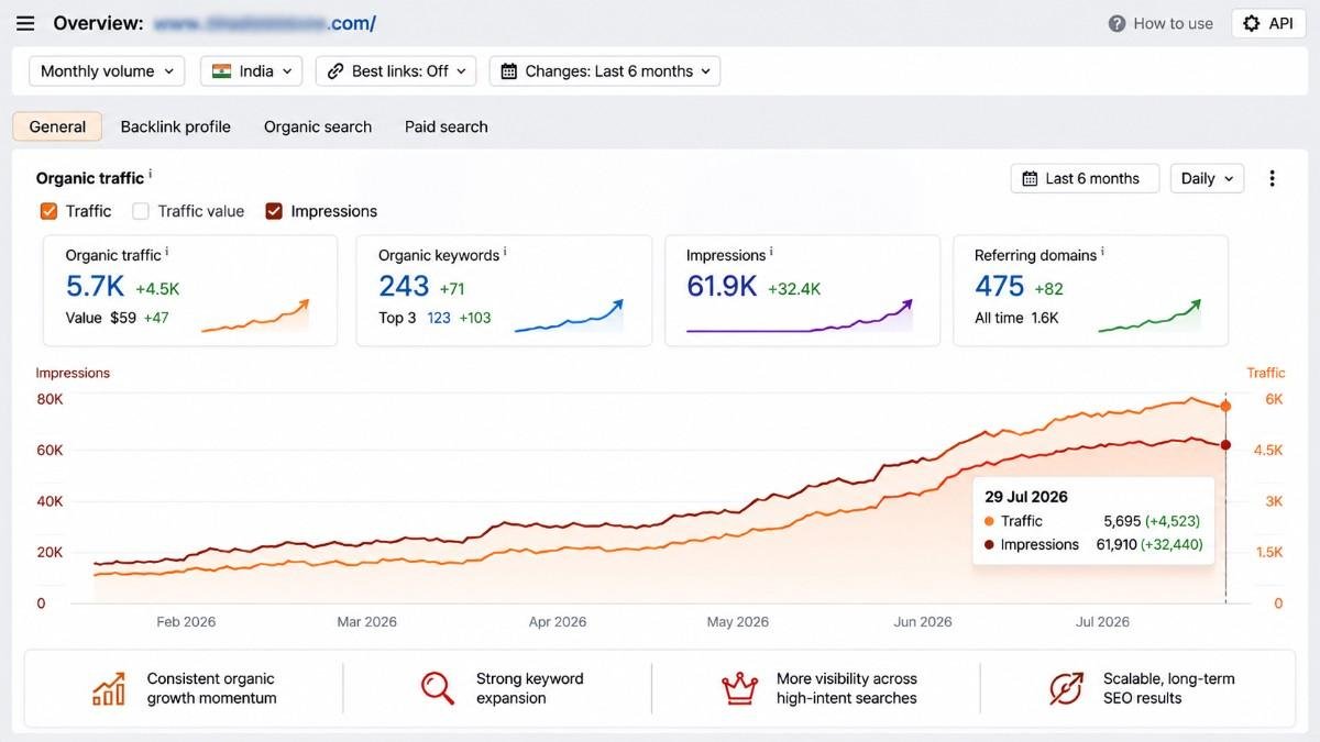 Analytics dashboard summarizing the client's overall organic keyword and traffic growth trend across the six month engagement
