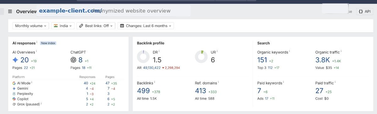 Ahrefs overview dashboard for the larger competitor's website, with the domain name blacked out, showing a domain rating of 1.5 and 3.8 thousand monthly organic traffic across the entire site
