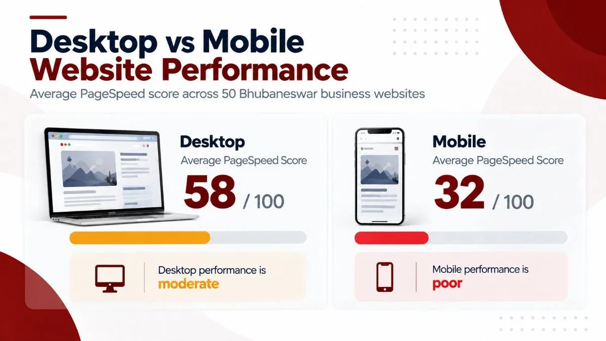 Comparison of desktop versus mobile PageSpeed performance for the same Bhubaneswar business websites