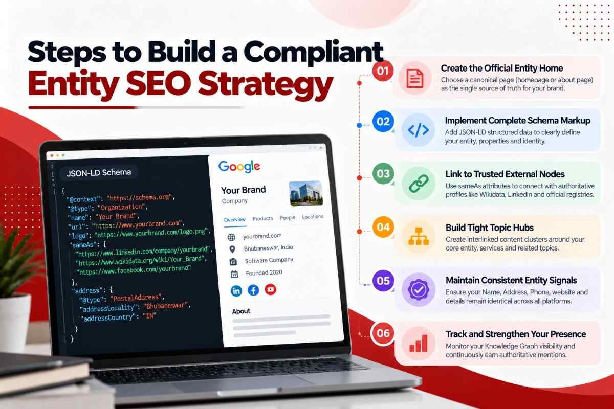 Step-by-step entity SEO strategy showing schema markup, sameAs links, and topical authority building