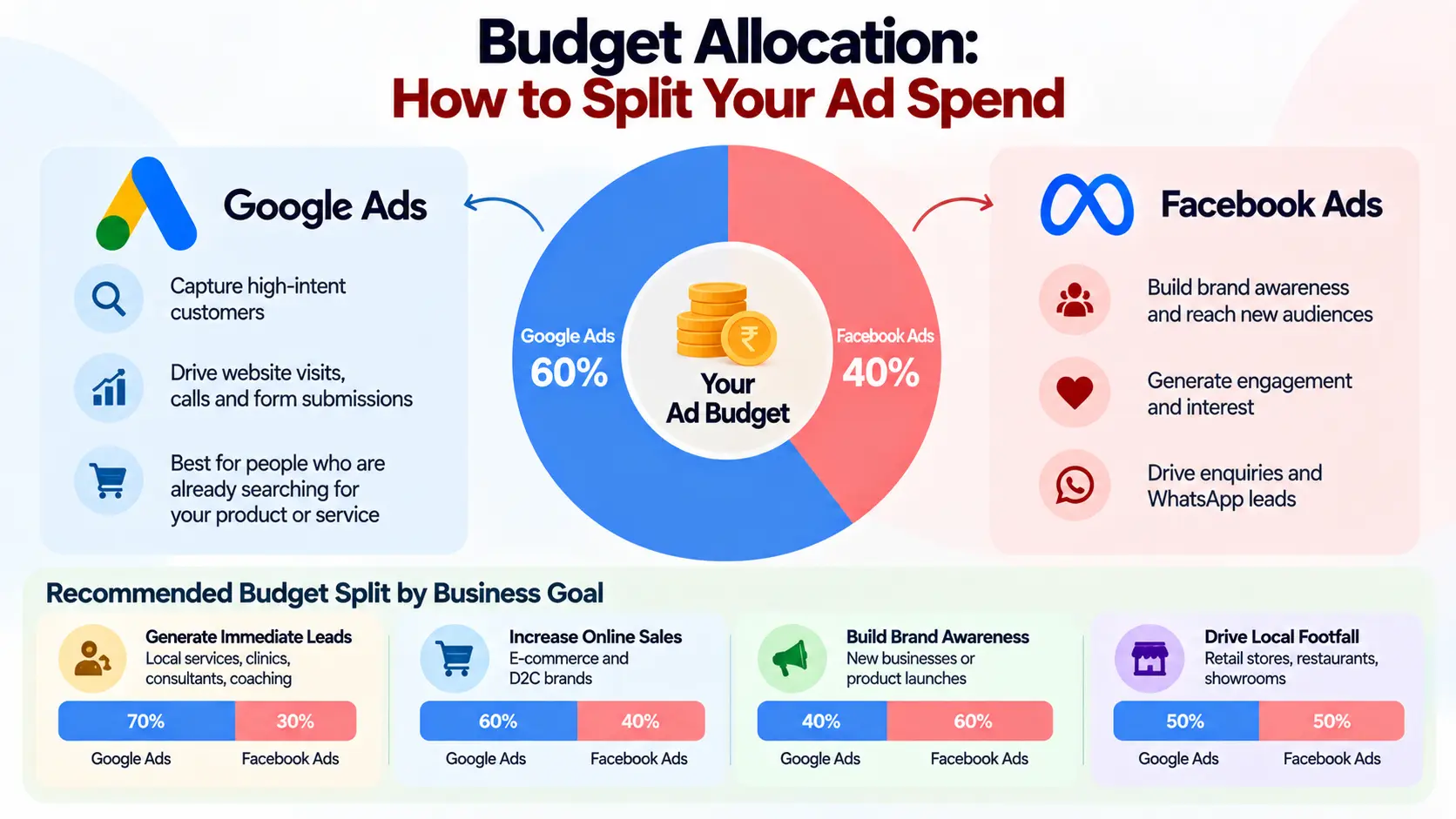 Google Ads and Facebook Ads budget allocation guide showing how Bhubaneswar businesses can split their monthly ad spend