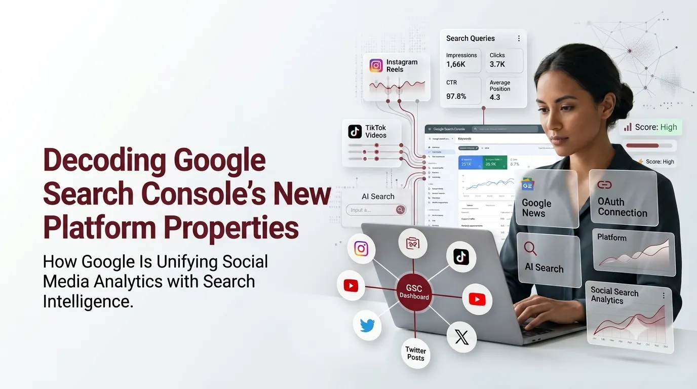 Google Search Console Platform Properties interface showing Instagram, TikTok, X and YouTube connected as social search properties
