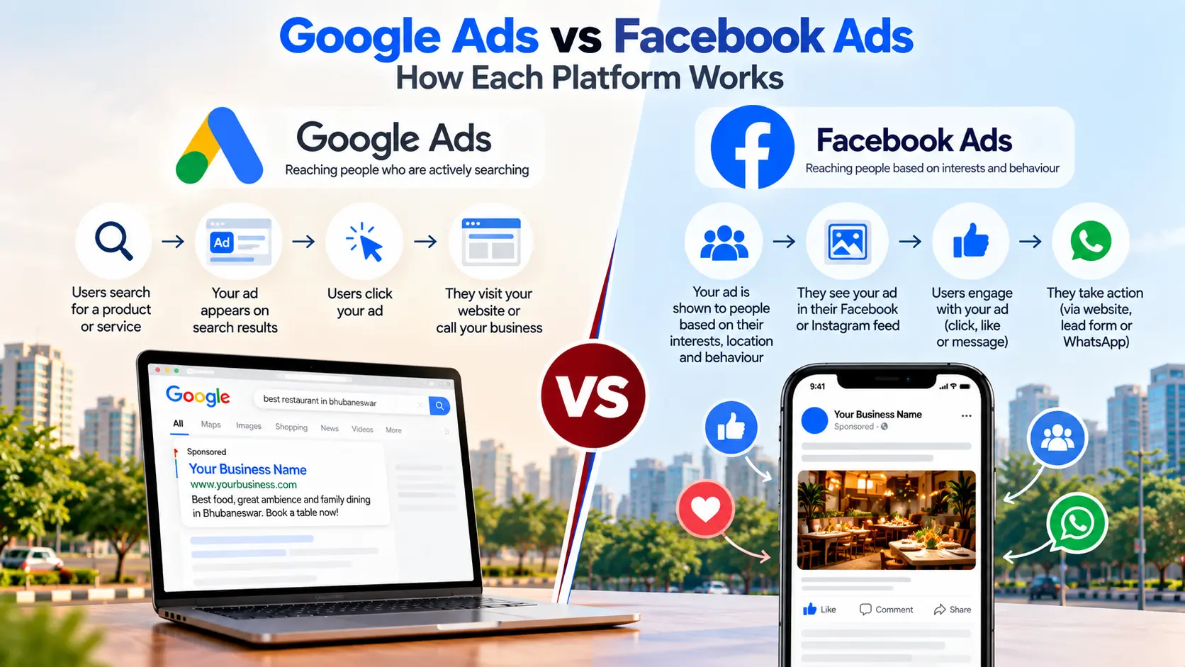 How Google Ads captures search demand and how Facebook Ads generates demand through Meta feeds and Click-to-WhatsApp