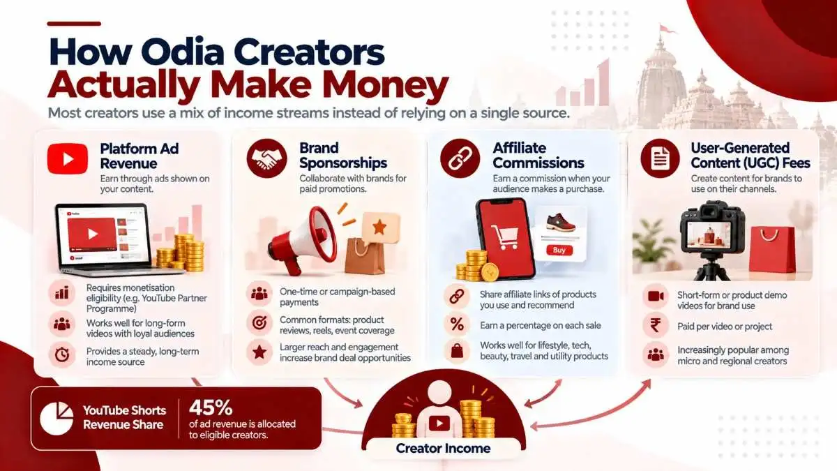 How Odia creators actually make money: YouTube ad revenue, brand deals, affiliate income, and UGC fees