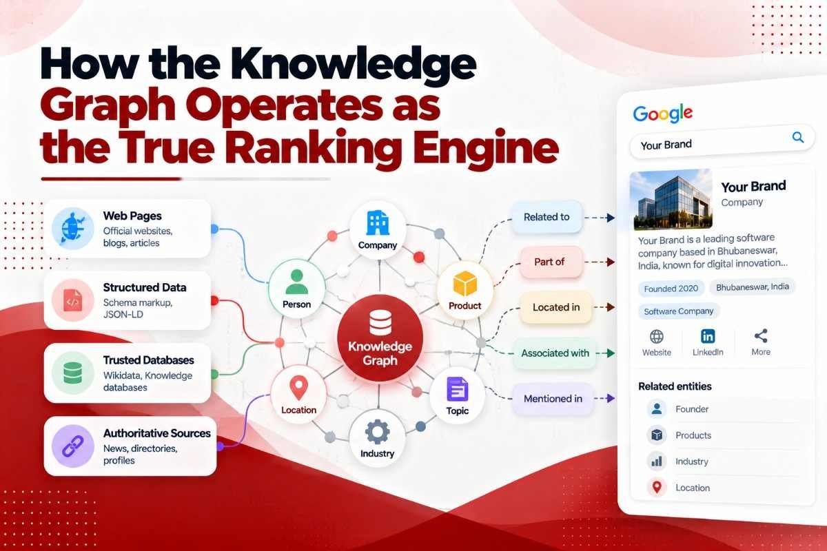 Diagram showing how the Google Knowledge Graph connects entities and drives search rankings