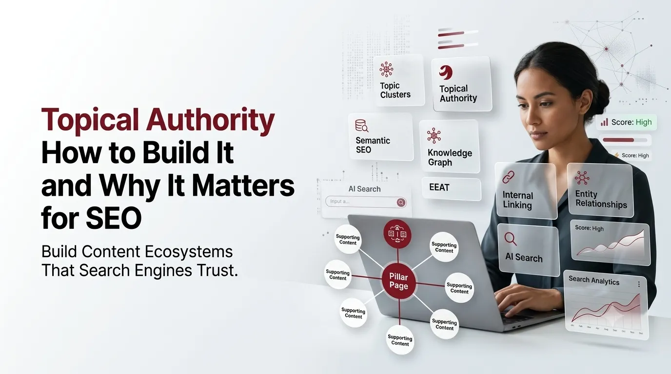 Topical Authority SEO: hub-and-spoke topic cluster architecture diagram showing pillar and cluster pages