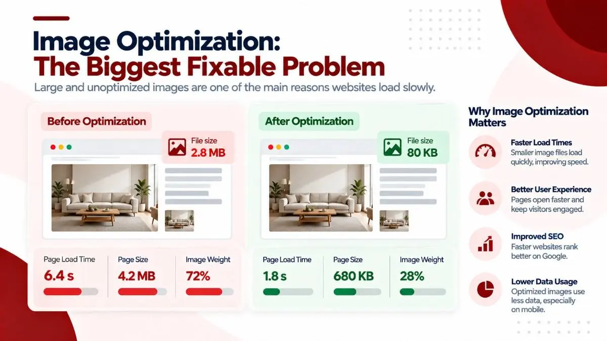 How proper image optimization, including WebP format and correct sizing, increases website speed