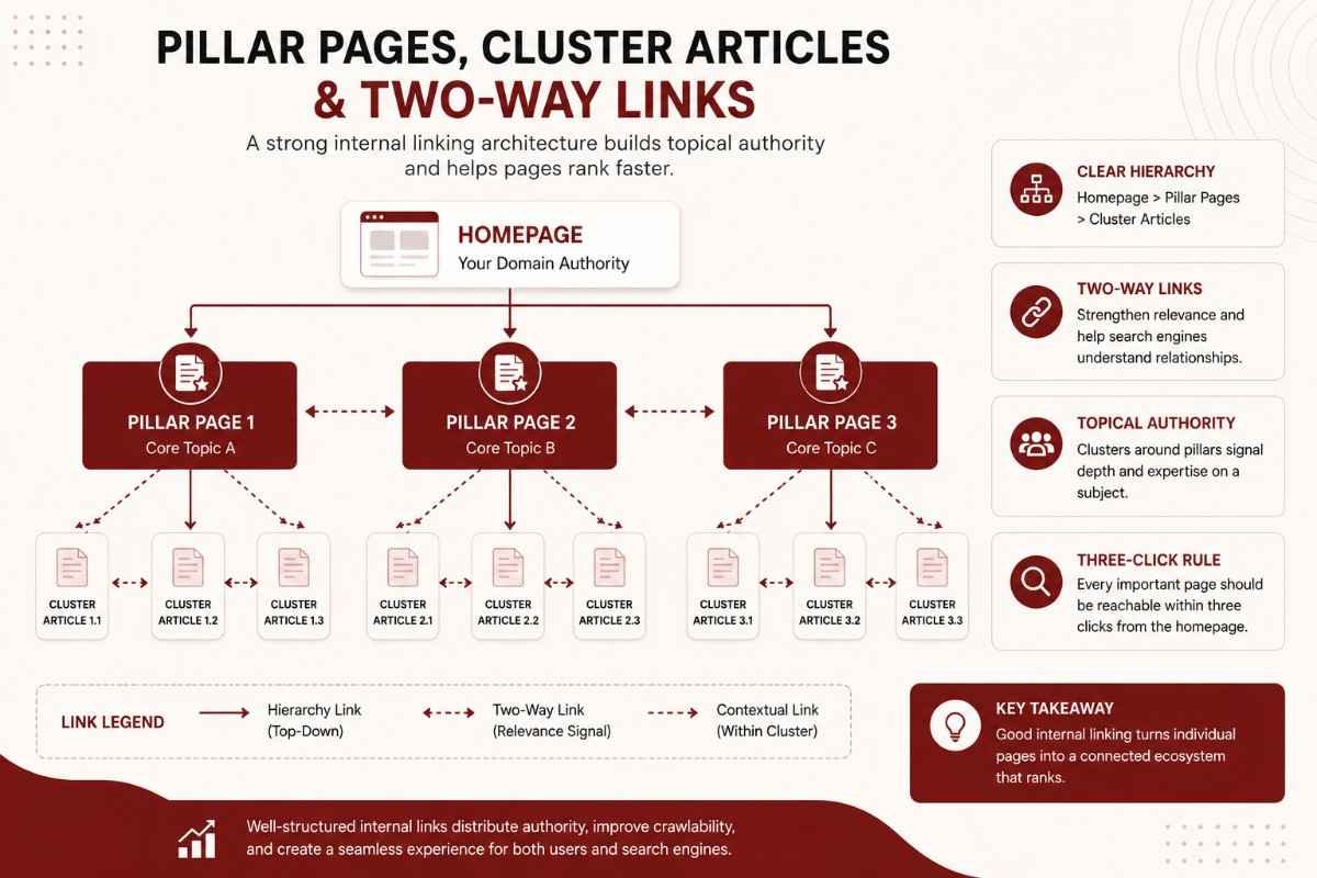 Internal linking framework showing pillar and cluster hub-and-spoke content architecture