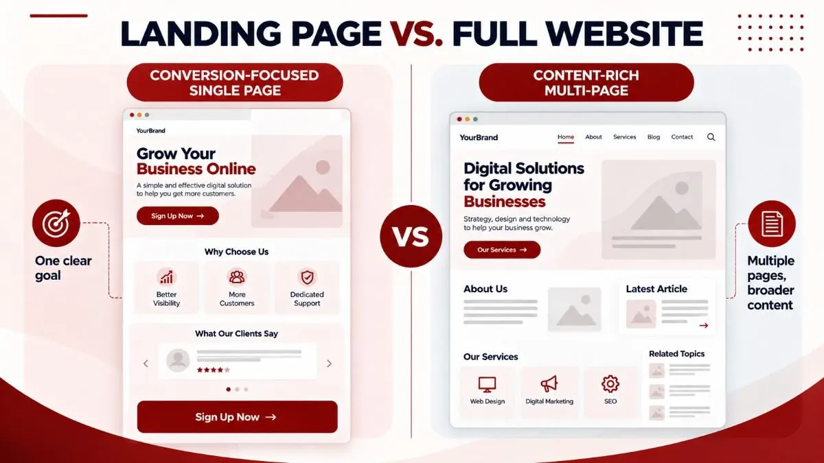 A side-by-side comparison of a single landing page layout and a full multi-page website layout