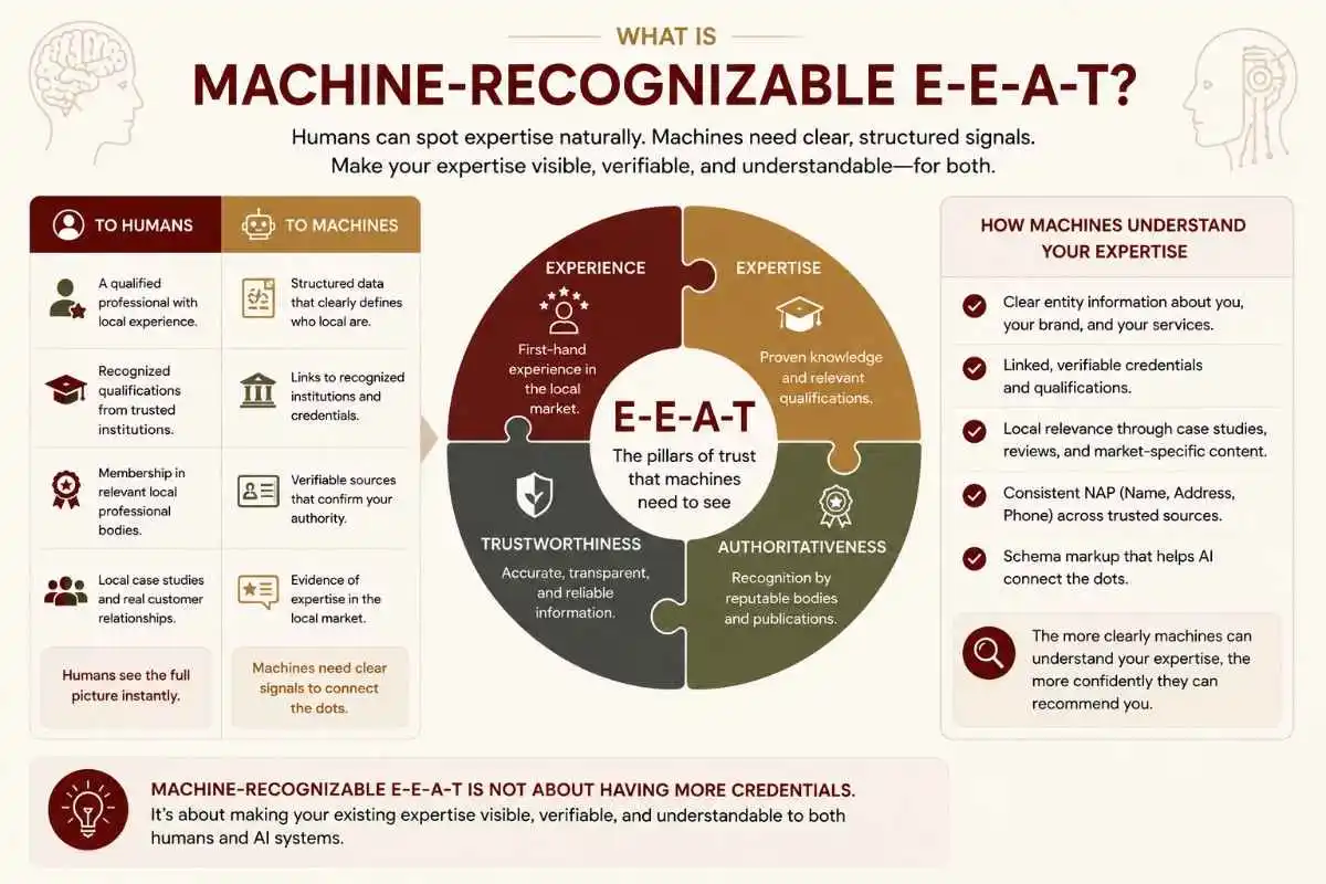 Machine-recognizable E-E-A-T infographic - structured signals for international SEO