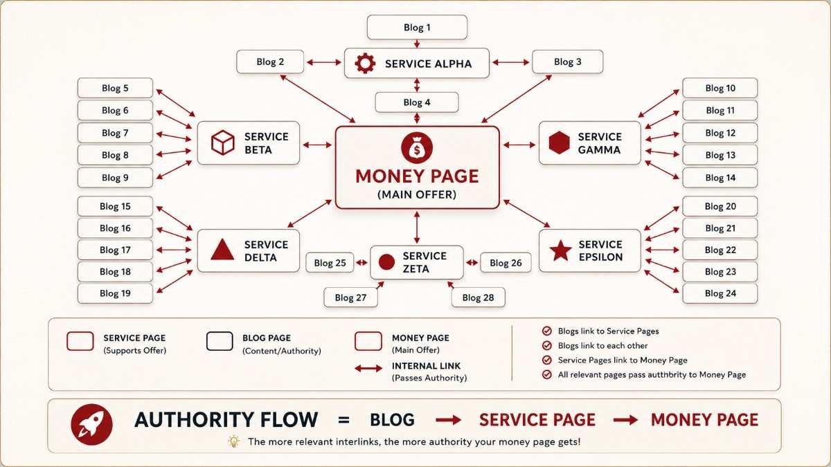 Super internal linking flow connecting pillar pages, clusters, and service pages