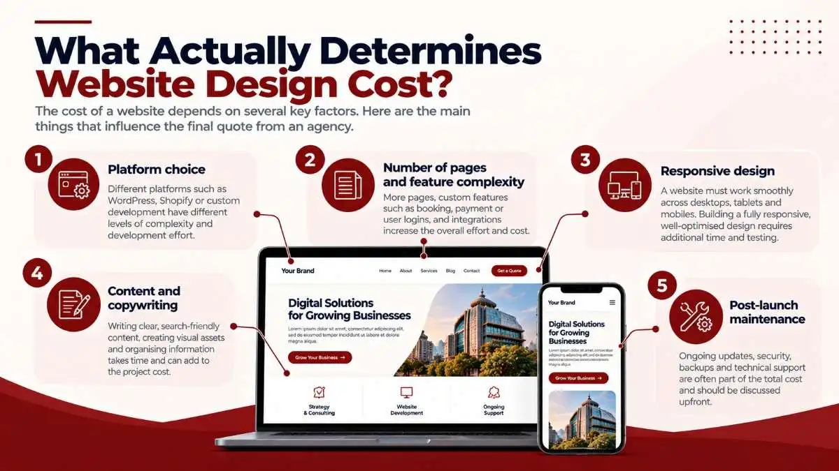 A diagram showing the five factors that determine website design cost: platform, pages, responsive design, content, and post-launch costs
