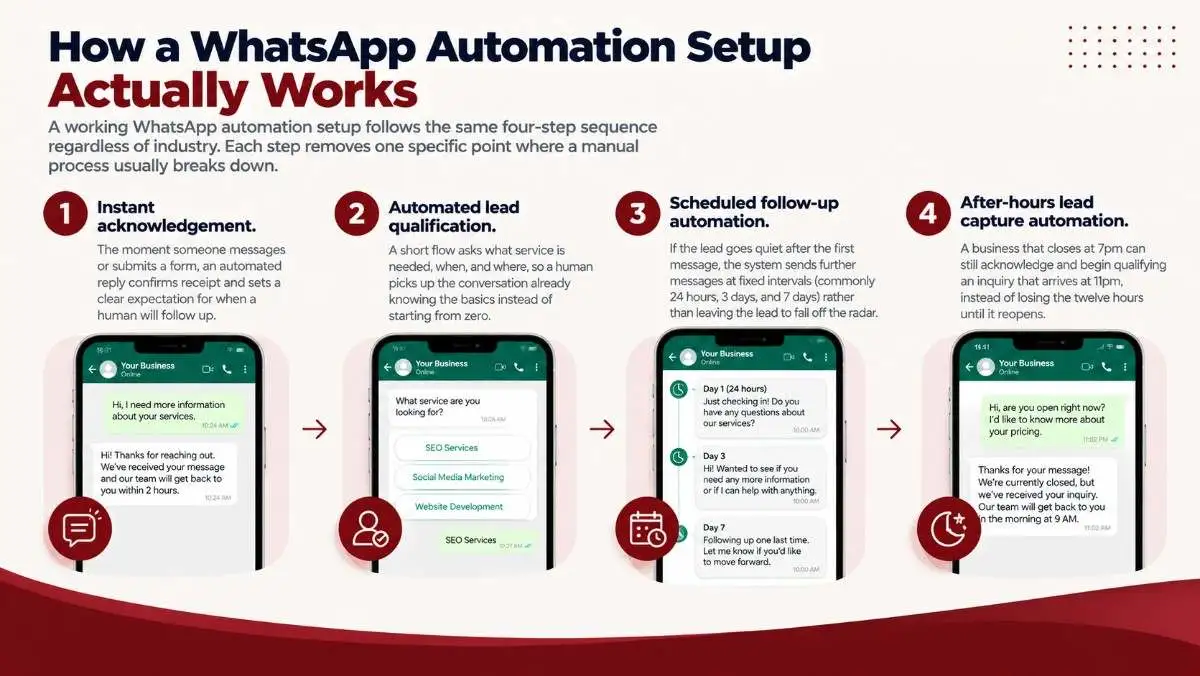 A four-step diagram of a WhatsApp automation flow: instant acknowledgement, automated qualification, scheduled follow-up, and after-hours capture